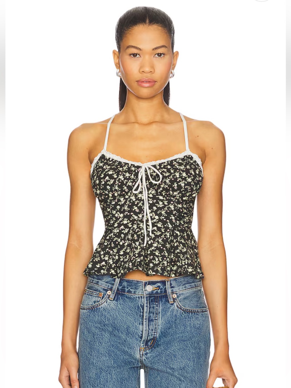Floral Lace-Trim Cami Top in Black and Cream